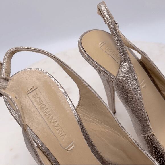 BCBGMAXAZRIA LibbyMet Pewter Metallic Peep Toe Heels 7.5 Holiday Party Pumps NYE - Picture 9 of 13